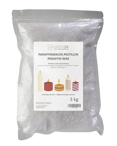 Monster24 Paraffinwachs Pastillen 3 kg – Ideal für Kerzen und Tischfeuer - Das hochwertige Paraffinwachs in Pastillenform eignet sich perfekt für die Herstellung und das Nachfüllen von Kerzen aller Art. Mit weniger als 0,5% Ölanteil sorgt es für ein gleichmäßiges Abbrennen ohne Rauch. Einfach zu dosieren und lange haltbar.