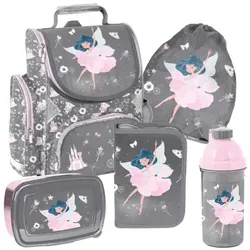 Schultasche 5-teiliges Schulset Ballerina PP24BA PASO - Grau für Mädchen - Das 5-teilige Schulset Ballerina PP24BA PASO enthält einen Schulranzen, ein leeres Federmäppchen, eine Sporttasche, eine Trinkflasche und eine Lunchbox. Ideal für Schule und Freizeit, farbenfroh und praktisch mit ergonomischem Design.