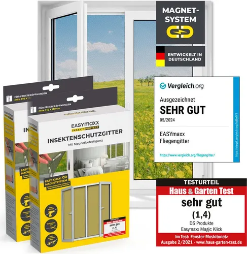 EASYmaxx Insektenschutz-Fensterrahmen 110 x 130 cm - Fliegengitter mit Magnetbefestigung, einfach zu montieren ohne Bohren, schützt vor Mücken und Fliegen, ideal für frische Luft im Sommer.