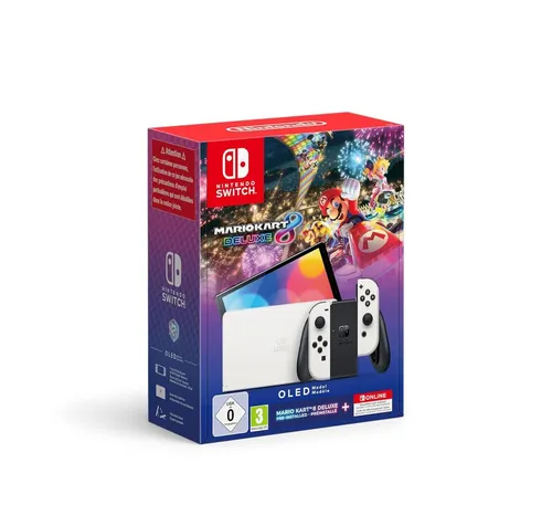 NINTENDO SwitchTM OLED-Modell (weiß) + Mario Kart 8 Deluxe - 12 Monate Nintendo Switch Online, das ultimative Gaming-Erlebnis für die ganze Familie