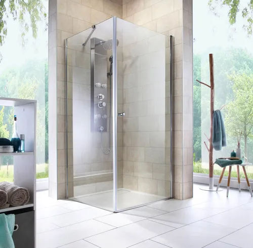 WELLTIME Eckdusche "Florenz 2.1" - Barrierefrei und stilvoll - Elegante Eckdusche mit Hebe-Senk-Mechanismus, ideal für bodengleichen Einbau. Sicherheitsglas und chromfarbenes Profil sorgen für modernes Design und hohe Qualität.