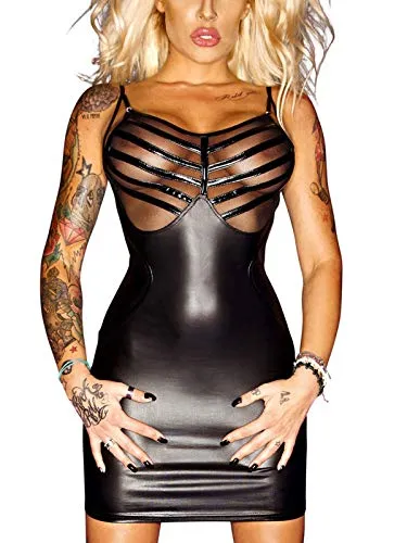Noir Handmade schwarzes Wetlook-Kleid F078, Größe : S