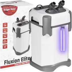 Kruger Meier Fluxion Elite 1800 UVC PRO - Hochleistungs-Außenfilter für Aquarien - Der Kruger Meier Fluxion Elite 1800 UVC PRO sorgt für kristallklares Wasser in Aquarien von 120 bis 350 Litern. Mit einer integrierten UVC-Lampe zur zusätzlichen Wassersterilisation und einfacher Durchflussregelung bietet er optimale Pflege für Ihr Aquarium.