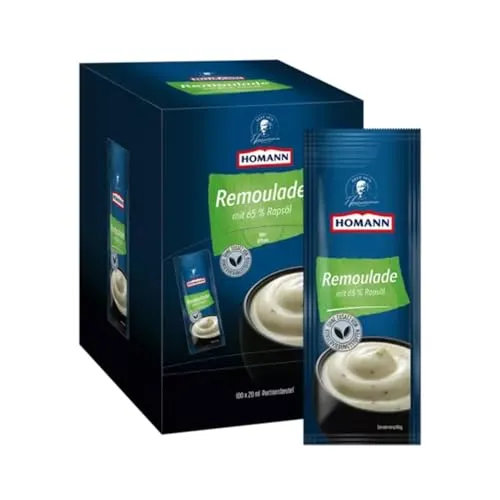 Homann Remoulade mit Rapsöl und gehackter Petersilie 100x20ml - Aufstriche & Dips für Snacks - Portionierte Remoulade mit 65 % Rapsöl, perfekt zu Fisch und herzhaften Snacks, ideal für Buffets und Theken.
