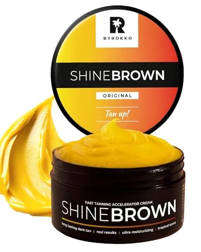 BYROKKO Shine Brown Bräunungsbeschleuniger Sonnencreme (210 ml) - Erlebe mit BYROKKO Shine Brown eine natürliche Bräune ohne lange Sonnenbäder. Die hochwertige Formel aus natürlichen Ölen sorgt für schnelle Ergebnisse und pflegt deine Haut intensiv. Ideal für Solarium und Sonne!