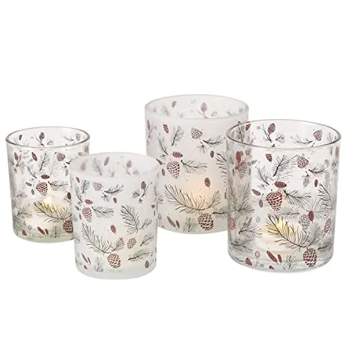 MamboCat 4tlg Set Windlicht Pino I klar & matt mit Zweigen & Tannenzapfen I H8,5cm & H10cm I Teelichthalter aus Glas I Tisch-Deko, Herbst & Winter I Kerzenhalter für Wohnzimmer, Küche, Esstisch & Co