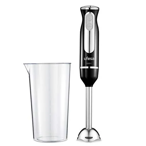 Ufesa BP3442 Stabmixer, 600 W, Turbo-Funktion, 2 Edelstahlklingen und Standfuß, ergonomisches und spritzwassergeschütztes Design, inkl. Messbecher, BPA-frei, schwarz (Black)