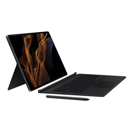 Samsung Book Cover Keyboard EF-DX900 für Galaxy Tab S8 Ultra - Schwarz - Tastatur mit großem Touchpad und intuitiven Funktionstasten, ideal für effizientes Arbeiten und hohen Komfort unterwegs.