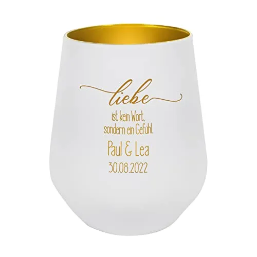 Herz & Heim® Windlicht zur Hochzeit Liebe ist kein Wort, sondern EIN Gefühl mit Wunschnamen und Datum, weiß