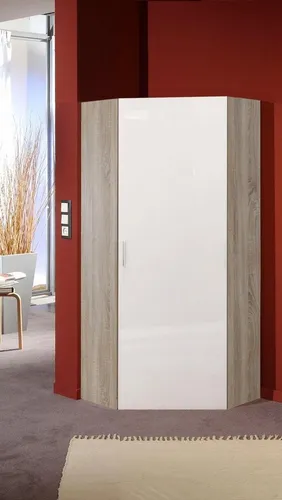 Eckschrank Malta Kleiderschrank Hochglanz Weiß & Eiche - Kleiderschrank mit 2 Schwebetüren, bietet optimalen Stauraum und ist Made in Germany. Hochwertige Verarbeitung in modernem Design - ideal für Ihr Schlafzimmer.