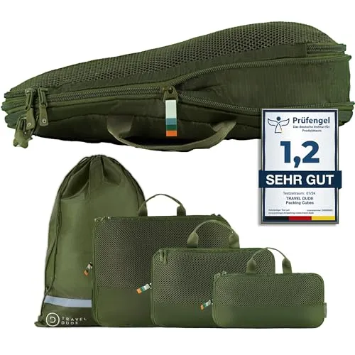 TRAVEL DUDE Packwürfel Set mit Kompression - Kofferwaagen – 4-teiliges Set aus recycelten Plastikflaschen, ideal zur platzsparenden Organisation deiner Kleidung auf Reisen.