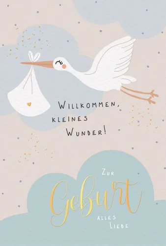 Geburt Baby Glückwunschkarte mit Umschlag - Storch bringt Baby, Naturkarton, mit