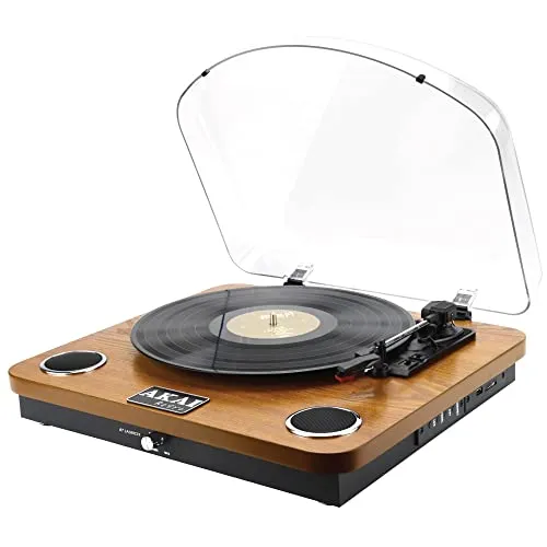 AKAI Holz Plattenspieler mit Bluetooth und Stereo-Lautsprechern - Plattenspieler mit modernem Naturholzdesign, Bluetooth 5.0, und integrierten Lautsprechern für besten Klang. Unterstützt 3 Geschwindigkeiten und Formate, ideal für Vinyl-Liebhaber.