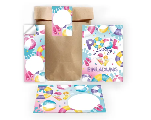 JUNAPACK Einladungskarten Pool Party zum Geburtstag Einladungen Karten mit Umschlägen Mitgebsel, Mitgebsel Set mit Schwimmbad Motiv für Mädchen Gastgeschenke
