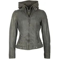 Lederjacke MAURITIUS "CASEY" für Damen, Gr. S, grau - Stylische Funktionsjacke mit abnehmbarem Kapuzen-Sweateinsatz und aufwendigen Biker-Details. Figurbetont und aus hochwertigem Schafsleder für einen einzigartigen Look.