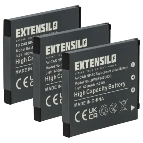 EXTENSILO 3X Akku Ersatz für Casio NP-60 für Kamera (600 mAh, 3,7 V, Li-Ion)