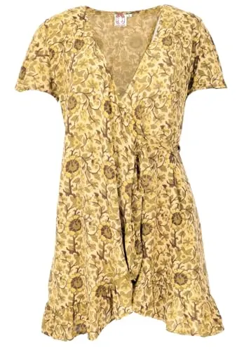 GURU SHOP Minikleid Boho Chic, Damen Wickelkleid - Curry, Size: XL - Stylisches Wickelkleid mit schwingendem Rock, das sich individuell binden lässt. Der fließende Stoff sorgt für eine schmeichelhafte Silhouette und ist ideal für warme Sommertage.