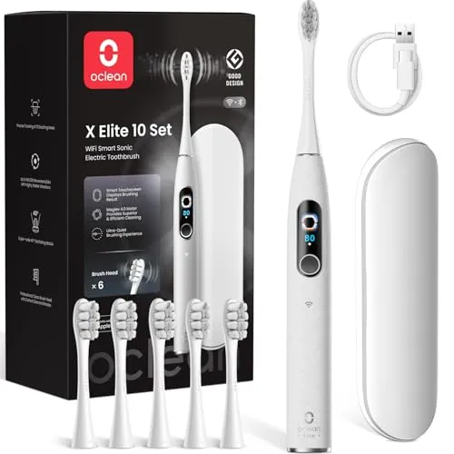 Oclean elektrische Zahnbürste X Elite 10 Set, 5 Putzmodi Schallzahnbürste mit Timer, 12 Bereichsverfolgung, Reisezahnbürste mit Reiseetui,Sonic Electric Toothbrush mit 6 Bürstenköpfe, 45dB, Grau