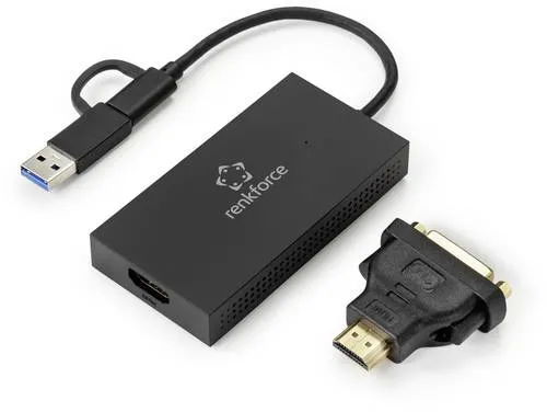 Renkforce Externe Grafikkarte DDR3-RAM mit USB-A und USB-C - Grafikkarten für 4K-Displays, unterstützt HDMI und DVI, ideal für Gaming und Grafikdesign.