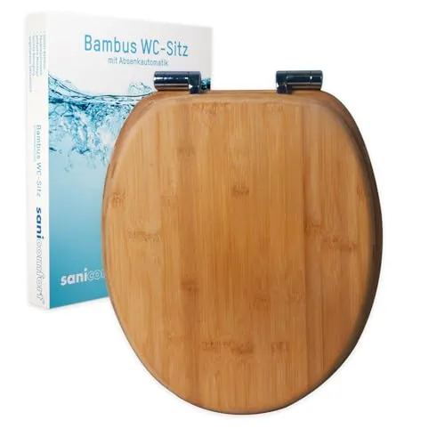 sanicomfort WC-Sitz Bambus mit Absenkautomatik - Hochwertiger Toilettensitz aus echtem Bambus, antibakteriell und mit Soft-Close-Funktion. Ideal für modernes Badezimmerdesign mit langlebigen Edelstahl-Scharniere.