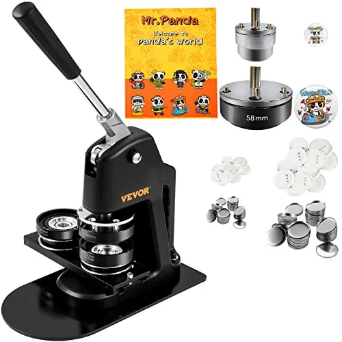 VEVOR Buttonmaschine inkl. Mr. Panda Zauberbuch - Basteln Sie einzigartige Abzeichen mit der VEVOR Buttonmaschine. Enthält 200 Stk. 58 mm und 300 Stk. 25 mm Zubehör. Einfach zu bedienen und ideal für kreative Projekte!