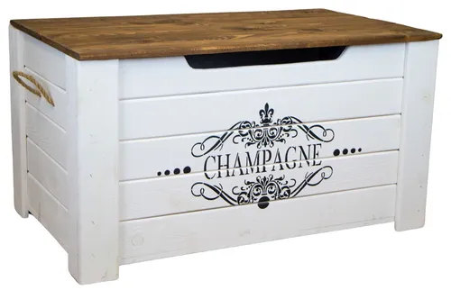 Holztruhe Pascale mit Deckel Aufdruck "Champagne" - Truhe & Kisten, stilvolle Holztruhe mit einzigartigem "Champagne"-Aufdruck, ideal für dekorative Aufbewahrung und als Hingucker in jedem Raum.