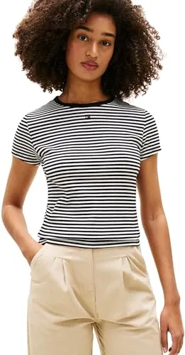 Tommy Jeans Kurzarmshirt TJW ESSENTIAL RIB SHORT SLEEVE EXT - Stylisches Kurzarmshirt von Tommy Jeans in Slim Fit mit Logostickerei. Das elastische Material sorgt für angenehmen Tragekomfort. Ideal für Freizeitlooks und vielseitig kombinierbar.