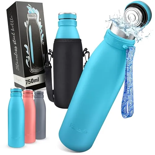 Vezato Trinkflasche Edelstahl - BPA-freie Isolierflasche 750 ml - Auslaufsichere Wasserflasche mit doppelter Isolierung - Thermosflasche spülmaschinenfest - Für Kohlensäure geeignet - Nachhaltig