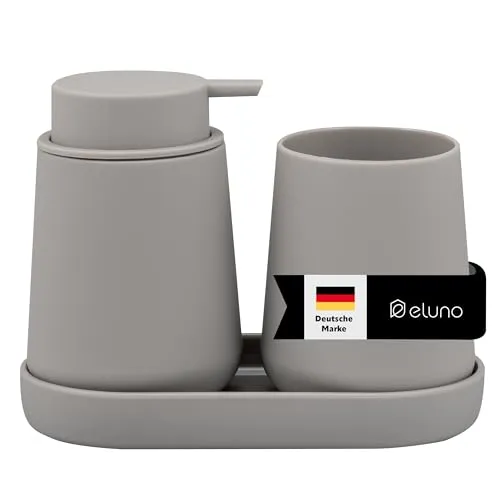 eluno Badezimmer-Set TESERO – 3tlg. Bad-Accessoires mit Soft-Touch Oberfläche - Praktisches 3-teiliges Badezimmer-Set mit Seifenspender, Becher und Schale in Taupe. Die Soft-Touch-Oberfläche sorgt für modernen Stil und angenehmes Handling. Ideal für Bad und Küche – für mehr Ordnung und Eleganz.