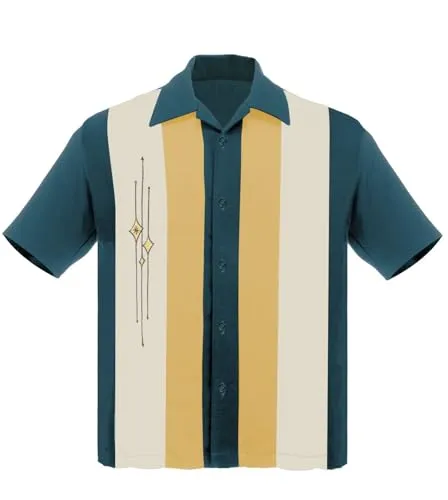 Steady Clothing Hemd The Finley Teal Mustard Cream Vintage Bowling Shirt Retro, Größe:XL