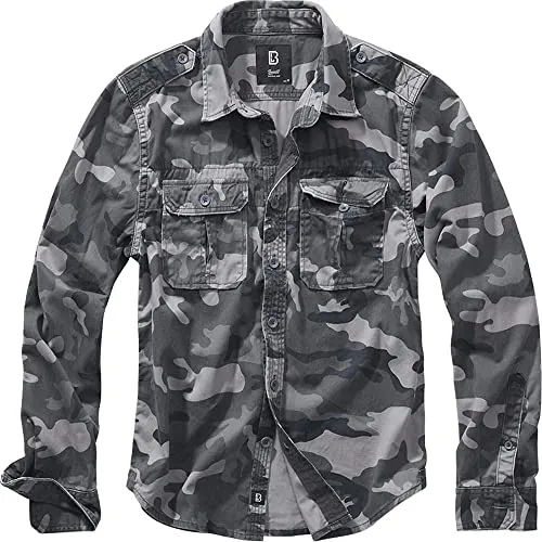 Brandit Outdoorhemd Vintage Hemd Langarm in Greycamo - Freizeithemden aus 100% Baumwolle, mit Kentkragen und zwei praktischen Taschen, ideal für Outdoor-Abenteuer und lässige Looks.