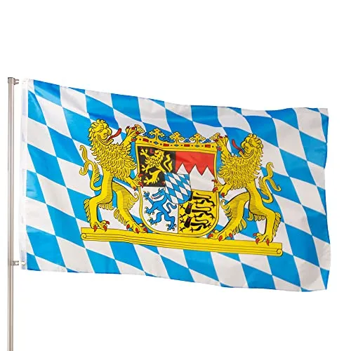 PHENO FLAGS Premium Bayern Flagge 90x150cm - Wetterbeständig & Robust - Zeigen Sie Flagge mit Stil! Diese wetterbeständige Bayern Flagge aus recyceltem Polyester überzeugt durch lebendige Farben und eine robuste Verarbeitung. Ideal für Flaggen-Liebhaber, die ihre Unterstützung bei jedem Wetter zeigen möchten.