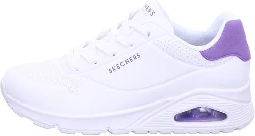 Skechers Damen Pop Back UNO - Weiße Sneakers mit lila Akzenten, Größe 39 EU - Modische Sneakers aus Kunstleder mit flacher Sohle und bequemer Schnürung. Ideal für den Alltag und stylish in jeder Situation.