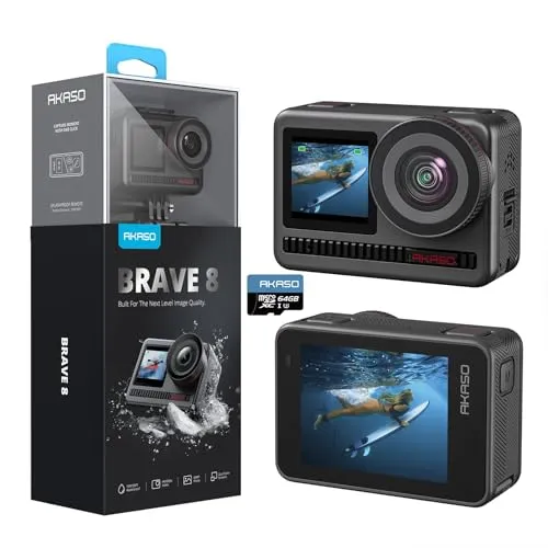AKASO Brave 8 Action Cam 4K60FPS - Action-Cam mit 48MP, 60M wasserdicht und SuperSmooth Stabilisierung für perfekte Aufnahmen bei Sportabenteuern und Unterwasser. Ideal für Extremsportler!