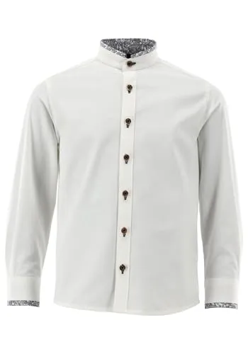 OS Trachten Langarm Trachtenhemd Zinavi, Größe 110/116, weiß-Kornblau - Elegantes Trachtenhemd mit geradem Schnitt und Stehkragen. Ideal für festliche Anlässe, mit liebevoller Kontrastverarbeitung und Stickerei.