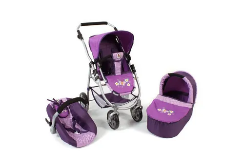 Bayer Chic 2000 Kombi-Puppenwagen Emotion 3-in-1 Checker, Purple - Reisesysteme mit Babywanne, Sportwagenaufsatz und Autositz, höhenverstellbarer Schiebegriff und vielseitig nutzbar für Puppenmutti und Kind.