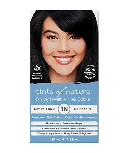 Tints of Nature 1N Natural Black Permanent Hair Dye, Natürliches Schwarz Permanente Haarfarbe, pflegt das Haar und deckt Grau ab, ammoniakfrei, 130ml