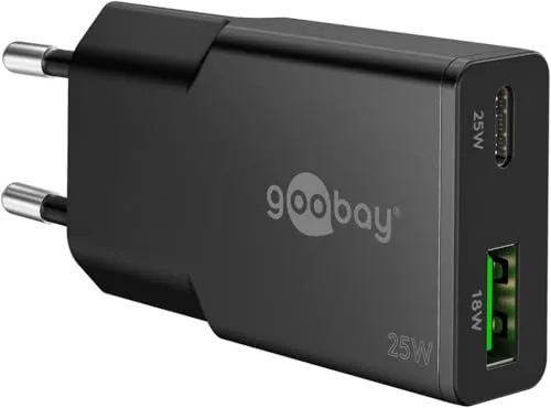 goobay 25W USB C GaN Ladegerät, Super Slim Dual Port Netzteil mit Power Delivery & Quick Charge, Flaches Schnellladegerät für iPhone 15/14, Samsung Galaxy S24/S23, iPad, Tablet - Schwarz - 75733