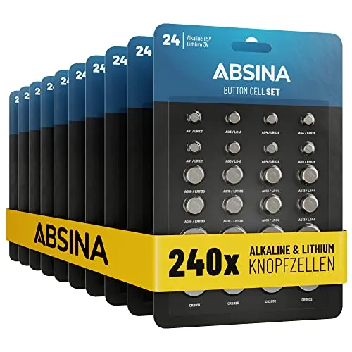 ABSINA 240er Pack Alkaline & Lithium Knopfzellen - 20x AG1 LR621, AG3 LR41, CR2016, CR2025 / 40x AG4 LR66, AG10 LR1130, AG13 LR44, CR2032-1,5V & 3V Knopfzelle Sortiment auslaufsicher, Knopfbatterien