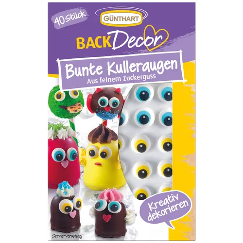 BackDecor 40 Stück | Kulleraugen aus Zucker | bunt | blau | gelb