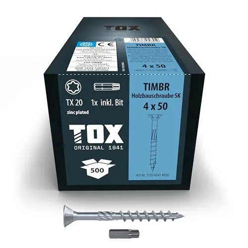 TOX Holzbauschrauben TIMBR SK 4,0 x 50 mm, blau verzinkt mit Senkkopf, TX20, Schrauben für leichtes Eindrehen und bündige Montagen im Holzbau, 500 Stück im Karton, inkl. 1x Bit, 112040414050