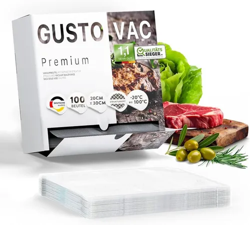 GustoVac Vakuumierbeutel 100 St. - Doppelt geprägte Struktur für optimale Frische - Vakuumierbeutel & Vakuumbehälter, ideal zum Einfrieren von Fleisch, Fisch, Wurst und Gemüse, schützt vor Frostbrand und verlängert die Haltbarkeit.