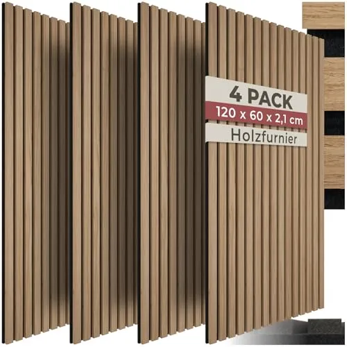 tectake® 3D Akustikpaneele - Eiche hell, 4er Set - 3D-Wandpaneele aus hochwertigem MDF mit Echtholz Furnier, bieten exzellente Schalldämmung und flexible Anpassungsmöglichkeiten für stilvolle Raumgestaltung.