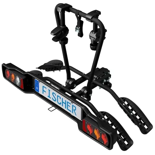FISCHER Kupplungs-Fahrradträger SmartLine Black für 2 Fahrräder - Fahrradträger für 2 E-Bikes bis 50 kg, abklappbar für einfachen Kofferraumeingang, teilmontiert und mit integriertem Rahmenschutz für sicheren Transport.