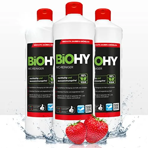 BiOHY WC-Reiniger (3 x 1 Liter) | Bio Toilettenreiniger mit frischem Schaum | EXTRA STARK | Badreiniger Gel wirkt effektiv gegen Kalk & Urin | säubert die Toilette blitzschnell
