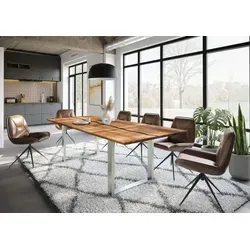 Esstisch Akazie 260x100x76 cm - Natur lackiert mit Epoxidharz und U-Beinen in Silber - Eleganter Esstisch aus massivem Akazienholz mit einzigartiger Maserung. Die Schweizer Kante und die matte U-Beine aus Metall setzen stilvolle Akzente im Esszimmer. Ideal für gesellige Runden!