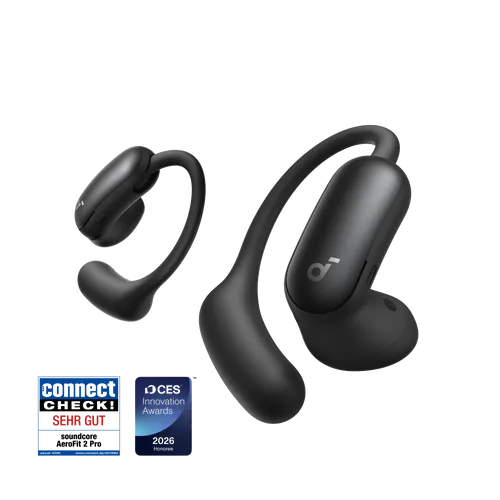 soundcore AeroFit 2 Pro｜Semi-Open-Ear Earbuds – Flexibel & Klangstark in Matt Schwarz - Erlebe die ersten Kopfhörer mit 2 Tragemodi für jede Situation. Genieße Hi-Res-Sound und einen sicheren Sitz dank atmungsaktivem Design – ideal für Sport und Alltag.