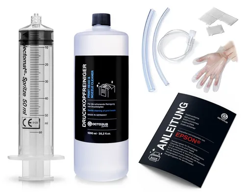 OCTOPUS Fluids Düsenreiniger 1000ml für Epson Druckköpfe - Tintenpatronen für Epson, mit Schlauchadapter für einfache Anwendung und effektive Reinigung von Druckköpfen.