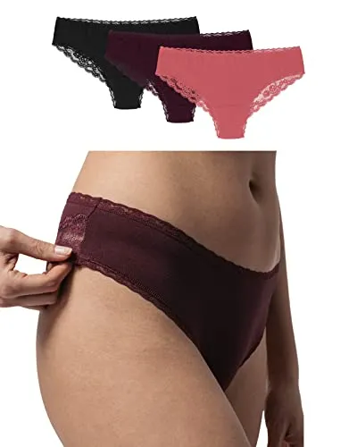 Snocks Brazilian Slip mit Spitze Damen - 3er Pack aus Bio-Baumwolle - Funktionsunterwäsche für Damen mit perfekter Passform und angenehmem Tragegefühl, hergestellt aus weicher Bio-Baumwolle ohne einschneidendes Gummiband.