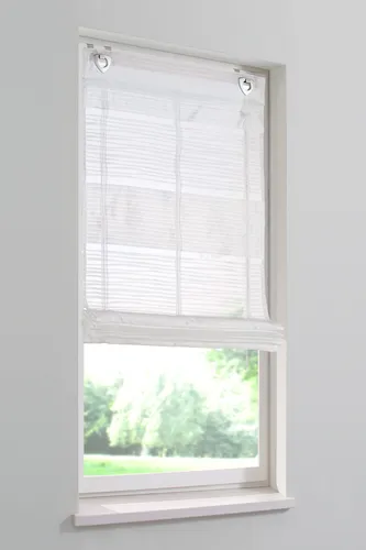 HOME WOHNIDEEN Raffrollo Sarnia, Hakenaufhängung, ohne Bohren, 100x135cm - Rollos in elegantem Design, halbtransparent aus pflegeleichtem Organza, ideal für lichtdurchflutete Räume und einfache Montage ohne Bohren.